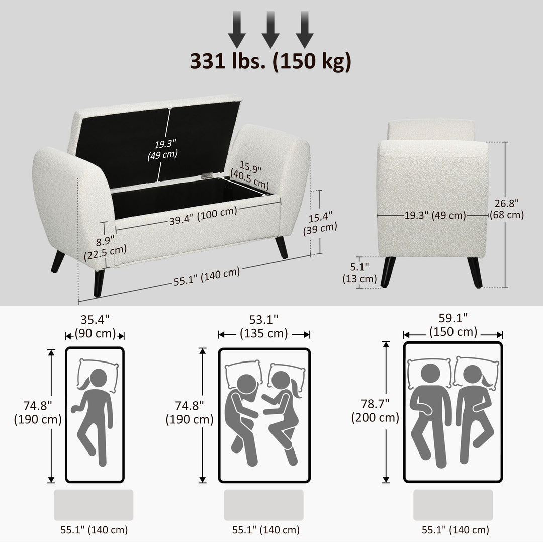 HOMCOM Upholstered Storage Bench with Arms, Modern Ottoman Bench for Bedroom, Entryway, and Living Room, Cream White