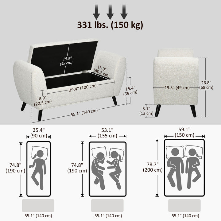 HOMCOM Upholstered Storage Bench with Arms, Modern Ottoman Bench for Bedroom, Entryway, and Living Room, Cream White