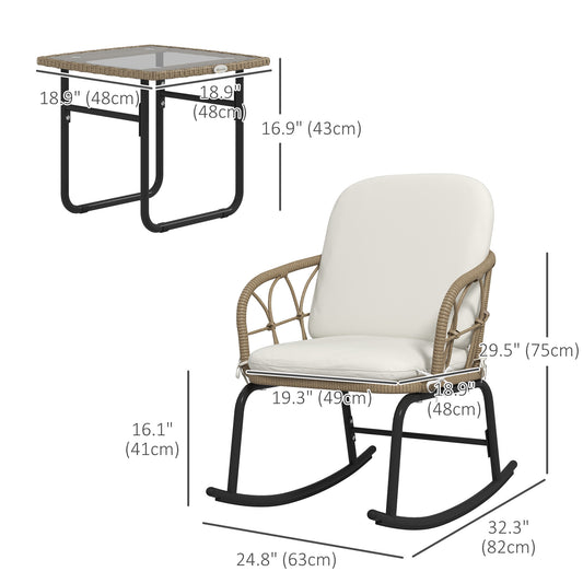 Outsunny 3 Pieces Patio Rocking Chair Patio Set with Cushions, Outdoor Round PE Rattan Wicker Hollow Design Conversation Set with Two Rocker Chairs, Glass Top Coffee Table, Beige