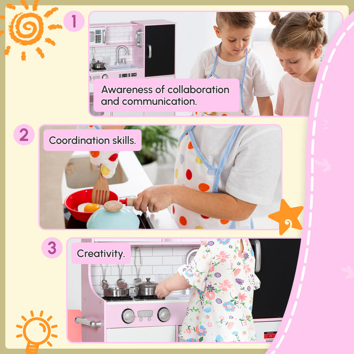 Qaba Play Kitchen for Kids, Kids Kitchen Playset w/ Chalkboard, Ice Maker, Play Phone, Sink, Microwave