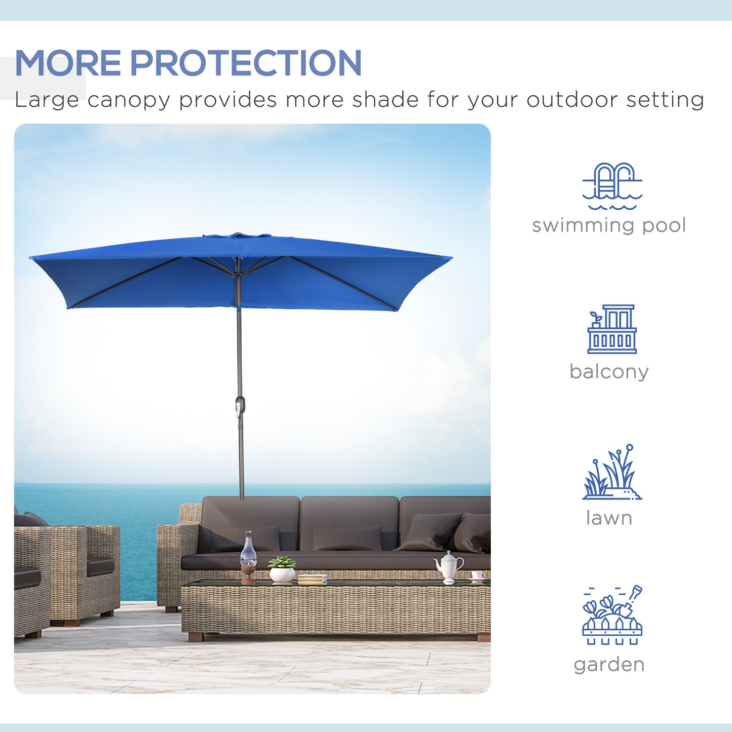 Outsunny 6.5x10ft Patio Umbrella, Rectangle Market Umbrella with Aluminum Frame and Crank Handle, Garden Parasol Outdoor Sunshade Canopy, Blue