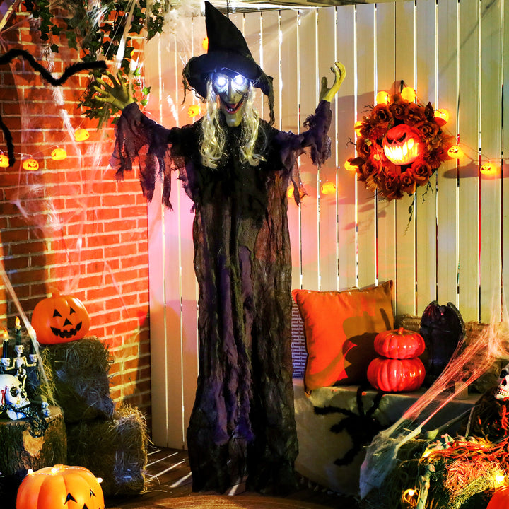 Outsunny Life Size Halloween Animated Hanging Witch with Glowing LED Eyes, Scary Halloween Decorations, Battery Operated