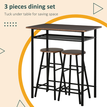 HOMCOM 3 Piece Counter Height Bar Table Set with 1 Table, 2 Matching Stools, Dining Table Set with Storage Shelf and Metal Frame Footrest, Black and Oak