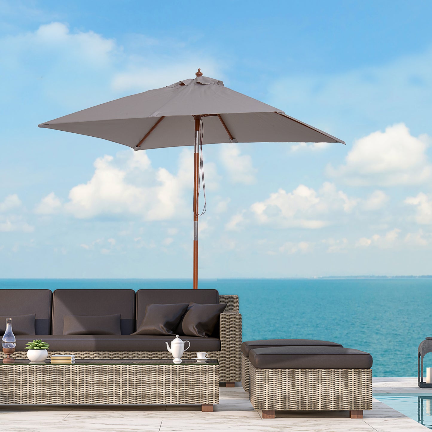 Outsunny 6.6x5ft Square Market Parasol, Wooden Patio Umbrella with Tilt Mechanism and 6 Bamboo Ribs, Garden Sunshade, Wine Red