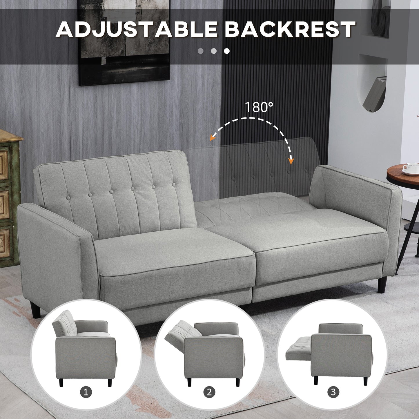 HOMCOM Convertible Bed with Couch, Button Tufted Fabric Sofa Bed with Adjustable Back for Living Room, Charcoal Grey