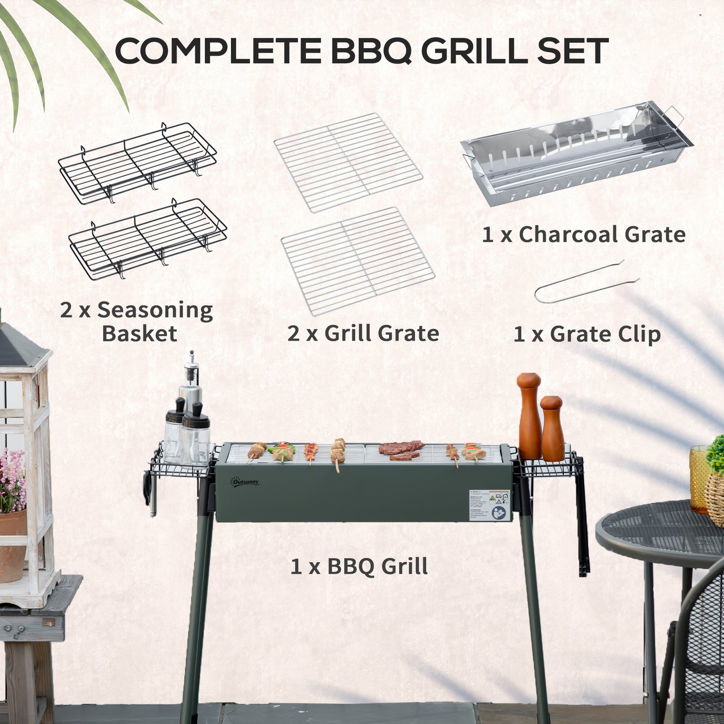 Outsunny Portable BBQ Grill, Charcoal Grill with Side Seasoning Baskets, Hooks and Nets for Outdoor, Picnic, Camping, Dark Green