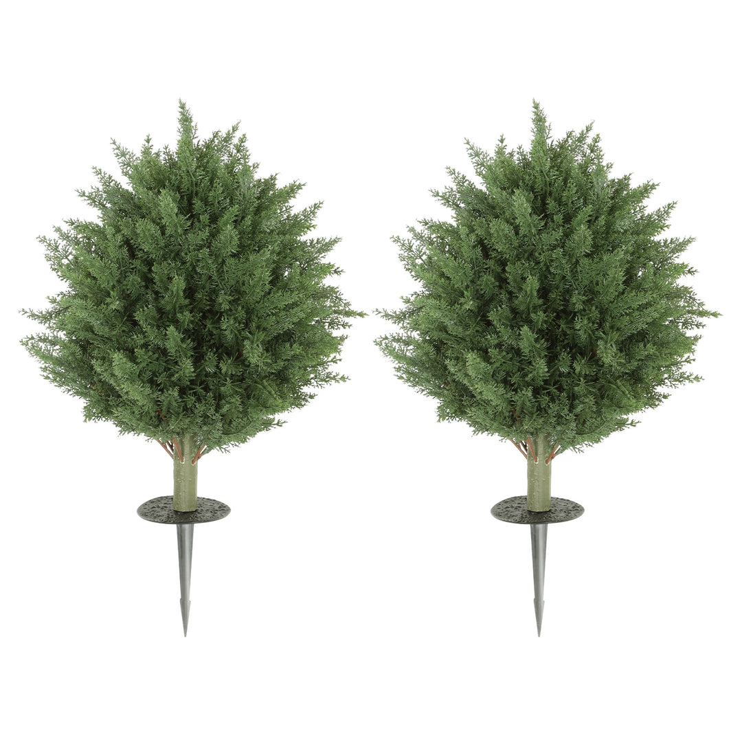 HOMCOM 24" Artificial Cypress Trees with Ground Stake, Set of 2 Artificial Plants for Indoor & Outdoor, UV Resistant, Green