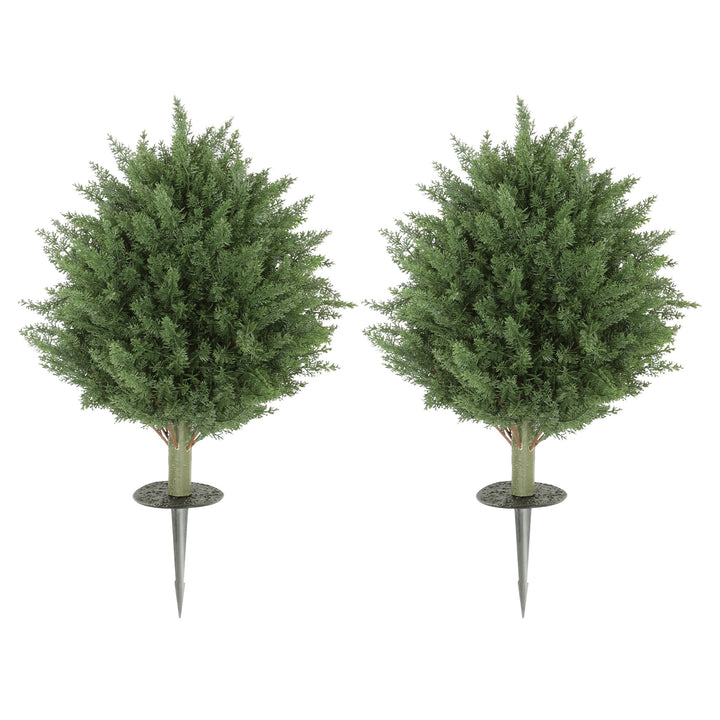 HOMCOM 24" Artificial Cypress Trees with Ground Stake, Set of 2 Artificial Plants for Indoor & Outdoor, UV Resistant, Green