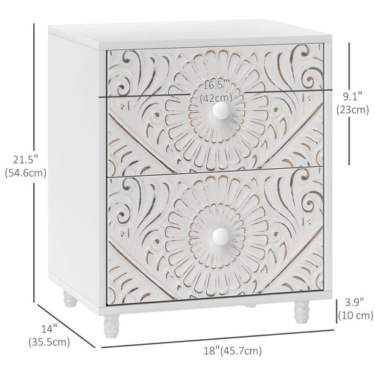 HOMCOM Mid-Century Bedside Table, Nightstand with 2 Drawers, Side End Table for Bedroom, White