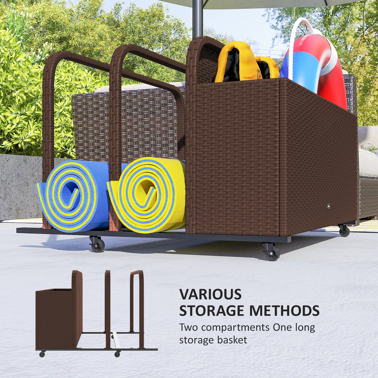 Outsunny Rolling Pool Storage Rattan Patio Furniture Outdoor Storage Wicker Organizer for Floats, Paddles, Balls, Towels, Brown