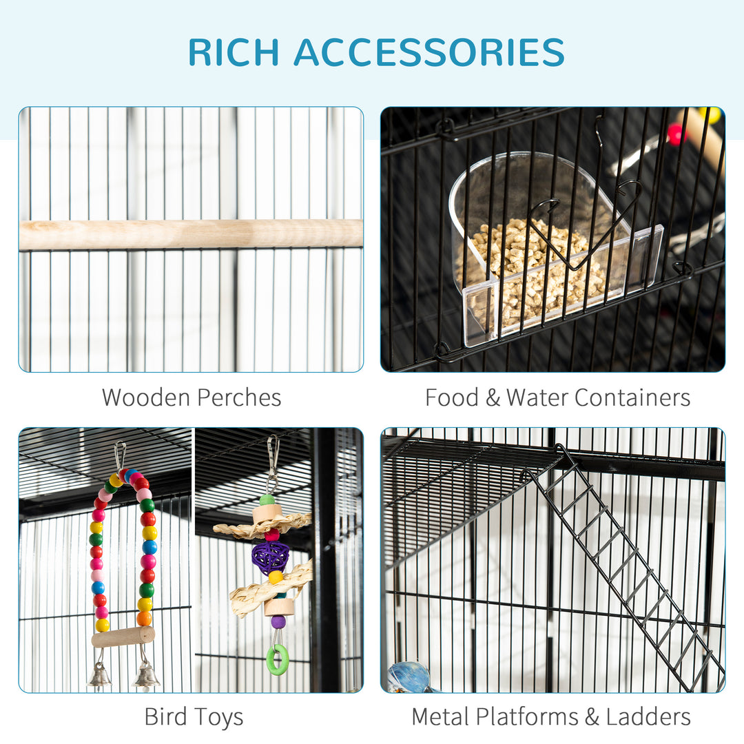 PawHut 71" Bird Cage with Wheels Perches, Ramp, Storage Shelf, Toys for Canaries, Finches, Cockatiels, Parakeets, White