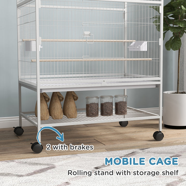 PawHut 52'' Large Rolling Steel Bird Cage Bird House with Rolling Stand, Storage Shelf, Wood Perch, Food Container, Dark Grey