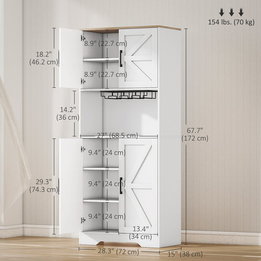HOMCOM Farmhouse Kitchen Pantry, 68" Freestanding Hutch Storage Cabinet with Microwave Oven Countertop, White