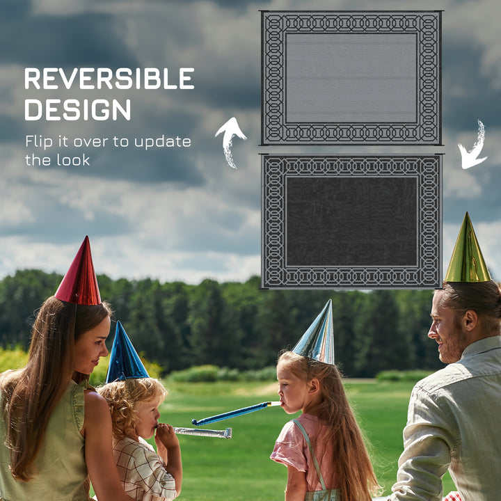 Outsunny Portable Outdoor Rug with Carrying Bag, 9' x 12' Reversible Mat, Waterproof Plastic Straw RV Rug for Backyard, Deck, Picnic, Beach, Camping, Black and Grey