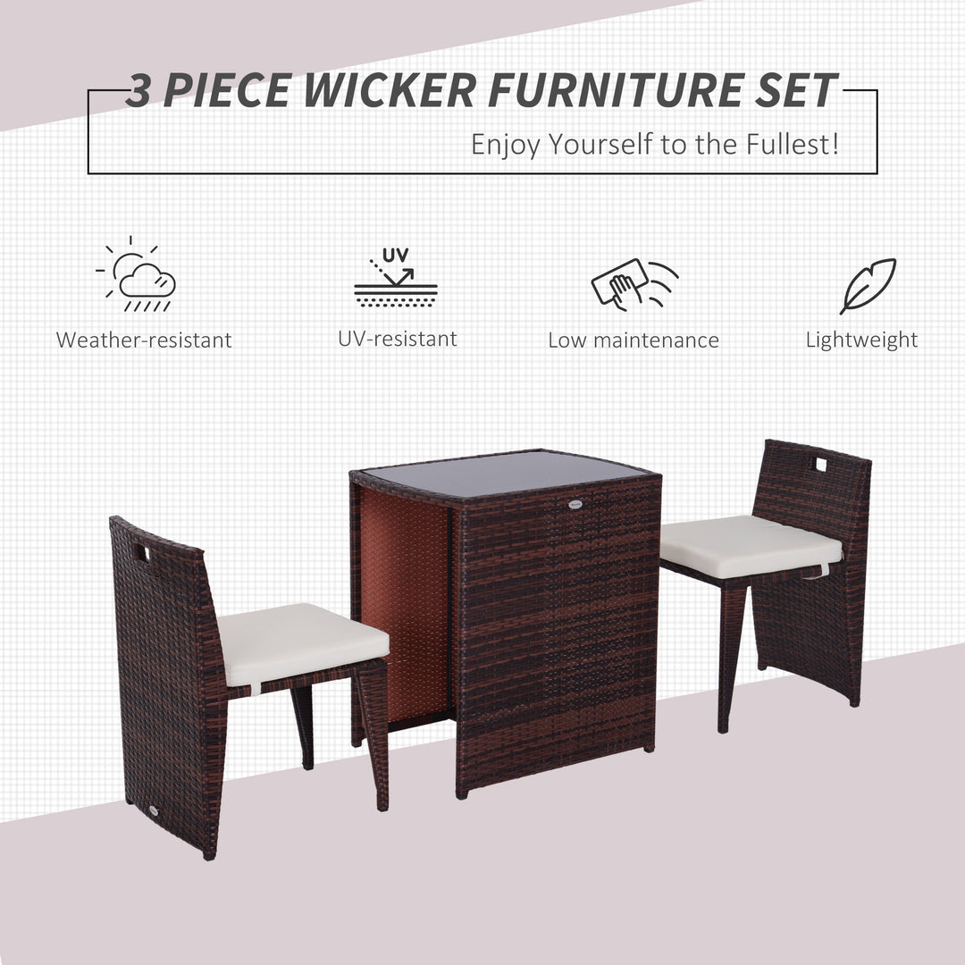 Outsunny 3 Pieces Wicker Patio Dining Set Outdoor Furniture Set with Removable Cushions, Glass Top Dining Table, PE Rattan Conversation Set for Garden Poolside, Cream White