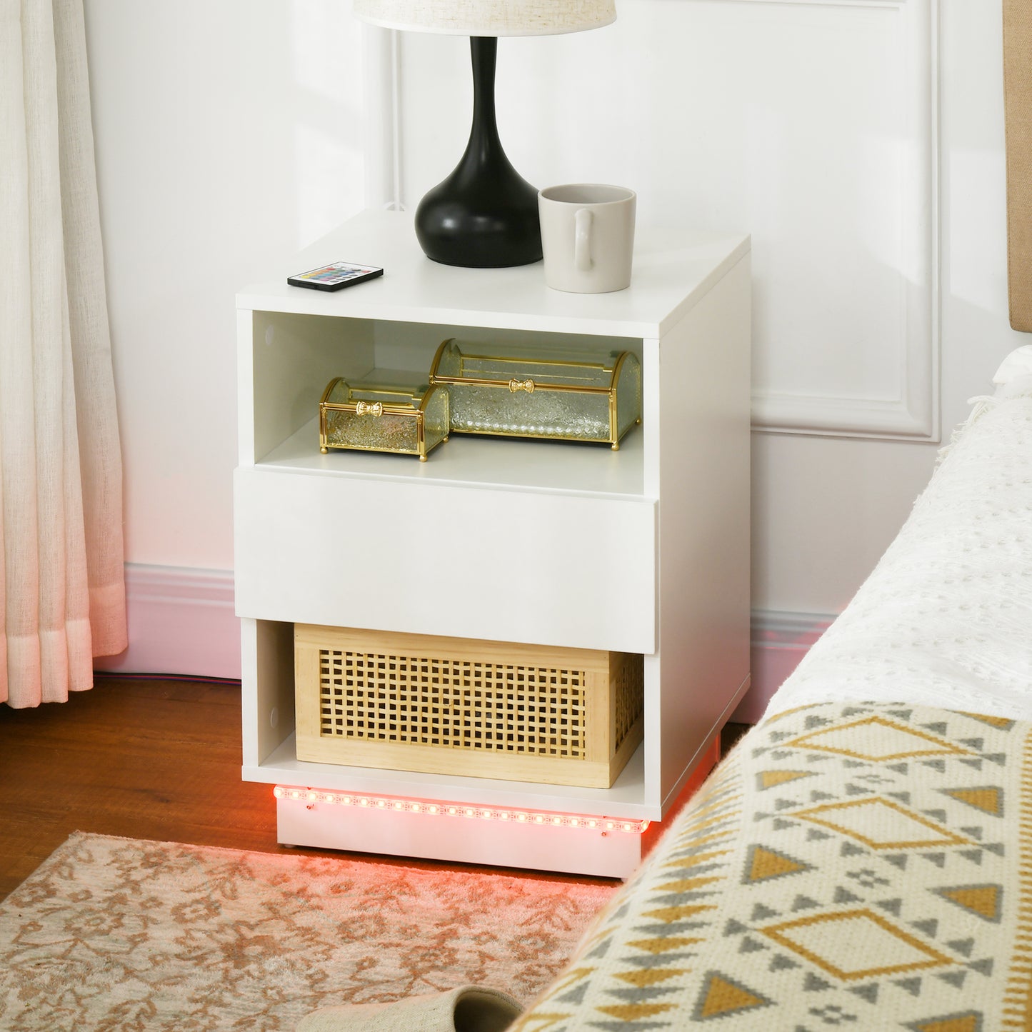 HOMCOM LED Nightstand, Bedside Table with LED Lights, Drawer, 2 Shelves, Remote, Side Table for Living Room, Bedroom