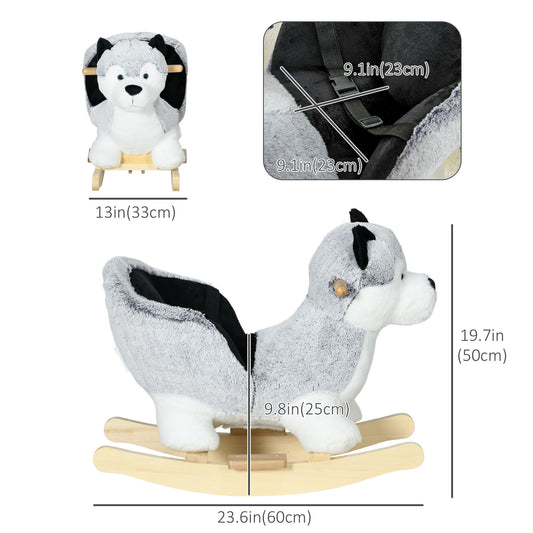 Qaba Kids Rocking Horse, Baby Rocker Chair Husky-Shaped Plush Ride on Toy with Realistic Sounds, Wooden Base, Seat Belt, for Children 18-36 Months, Grey