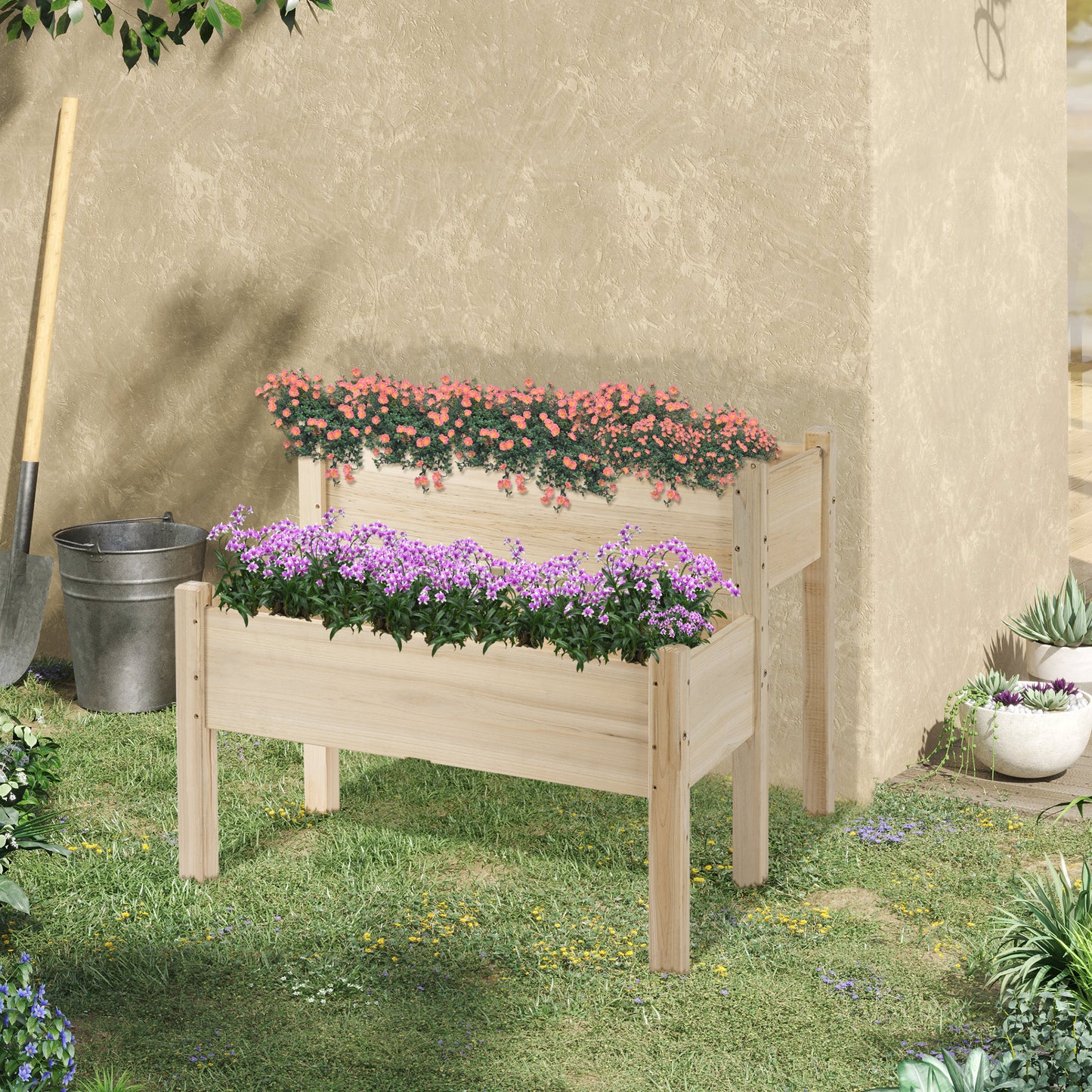 Outsunny 34"x34"x28" 2-Tier Raised Garden Bed Wooden Planter Box for Backyard, Patio to Grow Vegetables, Herbs, and Flowers