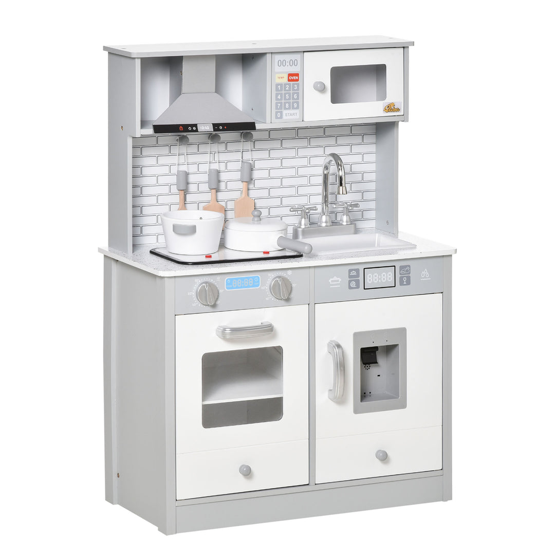 Qaba Kids Kitchen Play Cooking Toy Set, Educational Pretend Role Playset Game with Sound & Light Effect, Battery Operated Cooktop, Ice Machine, Dot Pattern Countertop, for 3-6 Years Old