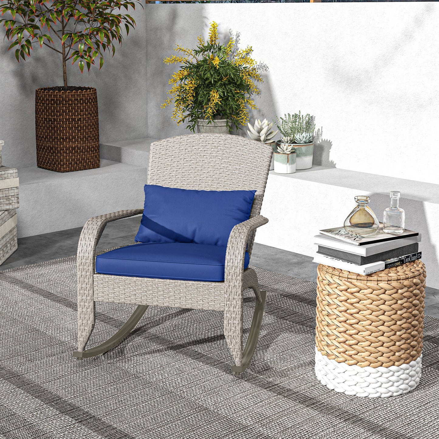 Outsunny Adirondack Chair, Outdoor Wicker Rocking Chair with High Back, Seat Cushion and Pillow for Porch, Balcony, Cream White