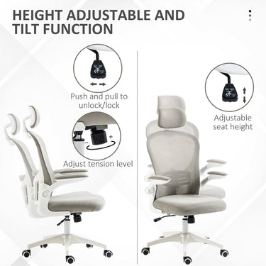 Vinsetto Office Chair, Mesh Computer Desk Chair with Adjustable Headrest, 4D Lumbar Support, Flip-up Arm, Grey