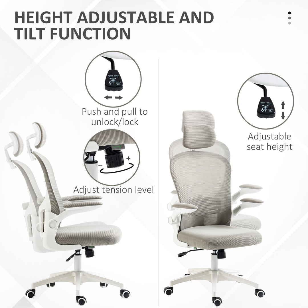 Vinsetto Office Chair, Mesh Computer Desk Chair with Adjustable Headrest, 4D Lumbar Support, Flip-up Arm, Grey