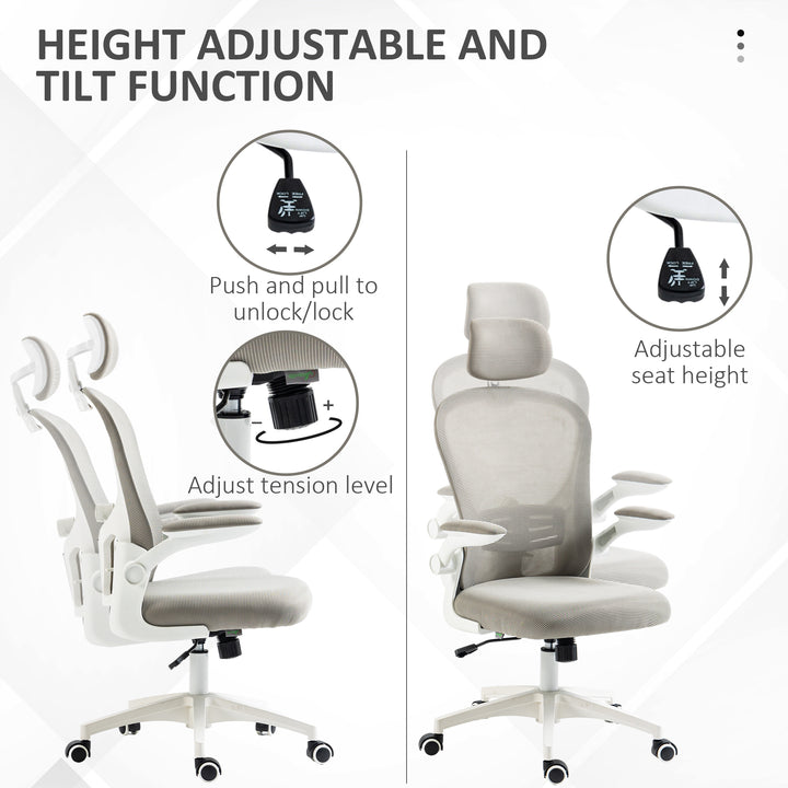 Vinsetto Office Chair, Mesh Computer Desk Chair with Adjustable Headrest, 4D Lumbar Support, Flip-up Arm, Grey