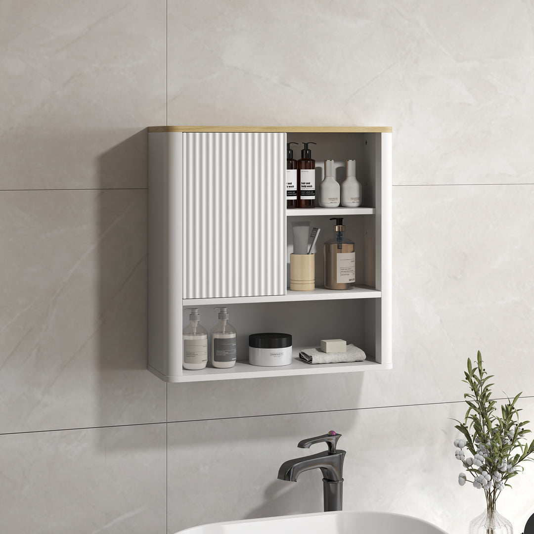 HOMCOM Bathroom Wall Cabinet, Medicine Cabinet with Fluted Panel, Curved Bathroom Cabinet with Adjustable Shelves, White