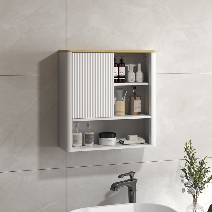 HOMCOM Bathroom Wall Cabinet, Medicine Cabinet with Fluted Panel, Curved Bathroom Cabinet with Adjustable Shelves, White