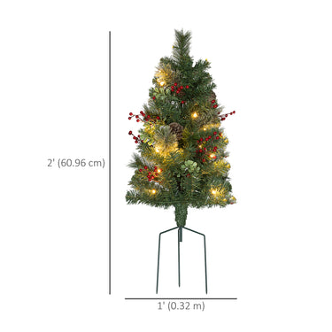 HOMCOM 2ft 2 Pack Artificial Christmas Tree, Pre Lit Christmas Tree with Red Berries and Pine Cones, Battery Operated, Green