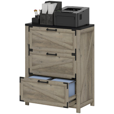 HOMCOM 3 Drawer Filing Cabinet, Farmhouse Office Storage Cabinet with Adjustable Hanging Bars for Letter, A4, Legal Size, Grey