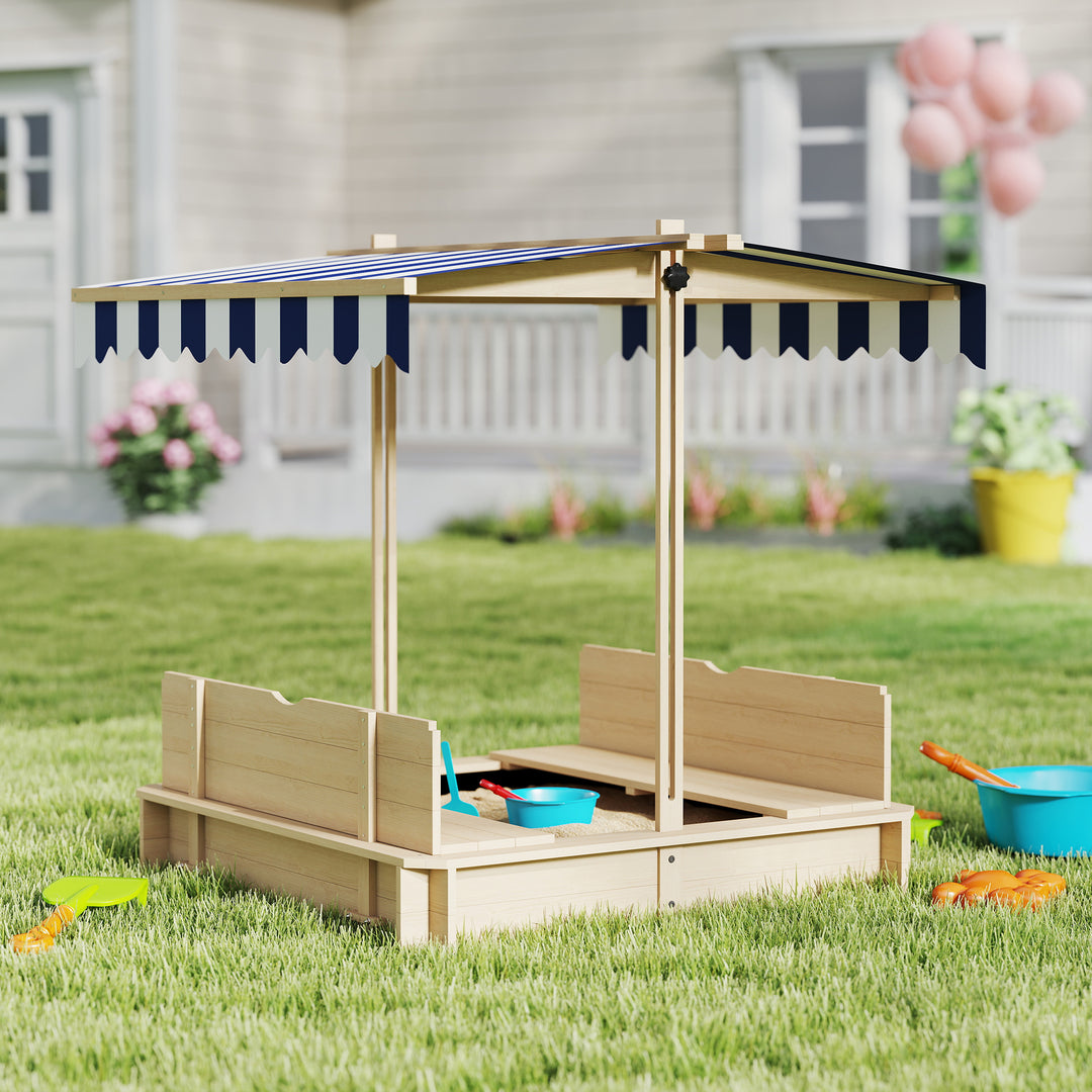 Outsunny Kids Wooden Sandbox Outdoor Backyard Playset Children Play Station w/ Adjustable Canopy & Convertible Bench Sand for 3-7 Years Old
