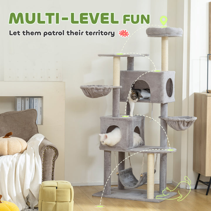 PawHut 66 Inch Large Cat Tree with 2 Door Condos, 3 Big Hammocks, Plush Top Perch, Sisal Scratching Posts, Light Grey
