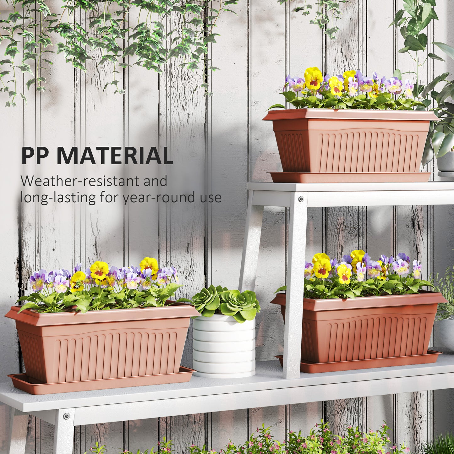 Outsunny 7 Pack 15.7" Plastic Flower Planters with Drainage Holes and Trays, Plant Pots for Indoor Outdoor Plants, Green