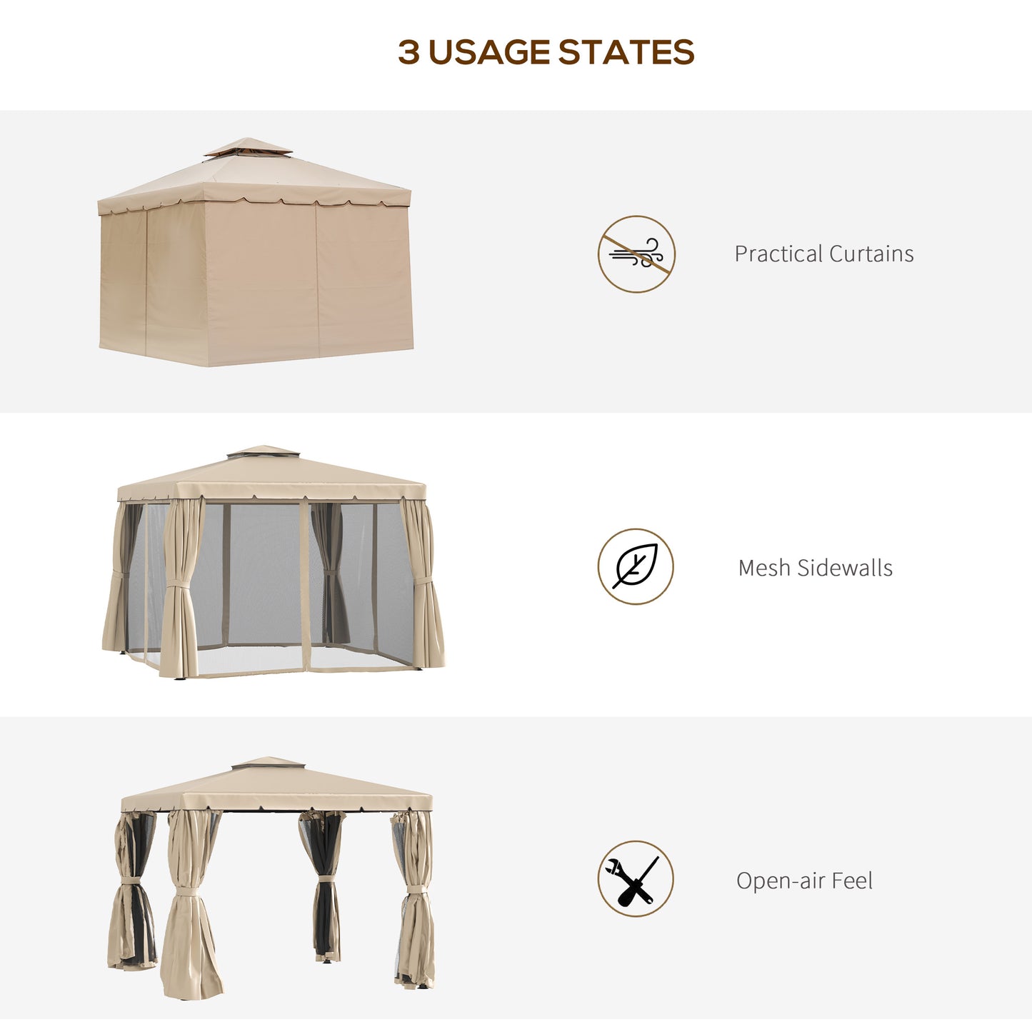 Outsunny 10' x 10' Outdoor Patio Gazebo Double Soft-top Garden Shelter Tent with Curtains, & Mesh Screen Drapes, Brown