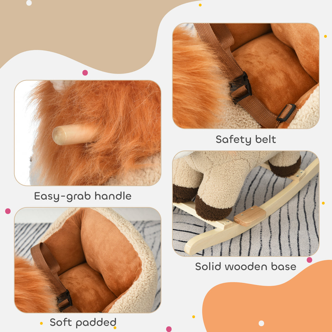 Qaba Baby Rocking Horse Lion Design Plush Stuffed Rocking Chair, Wooden Rocking Horse with Sound, Seat Belt for 18-36 Months Boys and Girls Gift, Brown