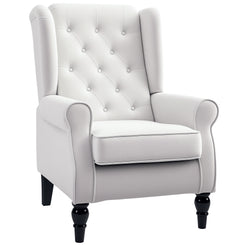 HOMCOM Fabric Accent Chair, Button Tufted Armchair, Upholstered Modern Living Room Chair, Wingback Chair with Wood Legs, Rolled Arms, Thick Padding for Bedroom, White