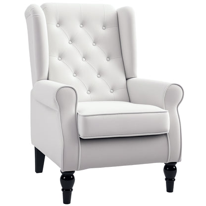 HOMCOM Fabric Accent Chair, Button Tufted Armchair, Upholstered Modern Living Room Chair, Wingback Chair with Wood Legs, Rolled Arms, Thick Padding for Bedroom, White