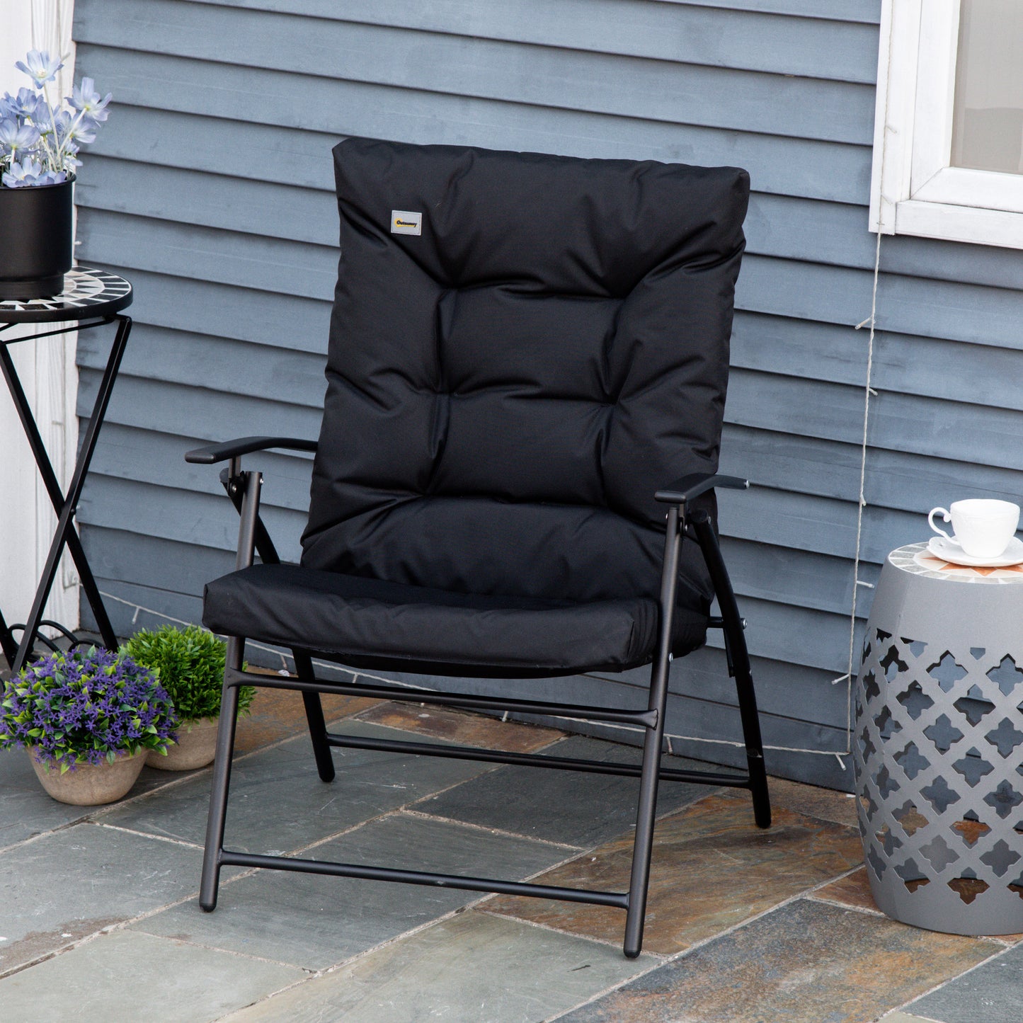 Outsunny Foldable Lounge Chair, Fabric Upholstered Recliner, Outdoor Lounger with Armrest, Metal Frame for Backyard, Blue