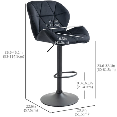 HOMCOM Bar Stool Set of 2 Fabric Adjustable Height Armless Upholstered Counter Chairs with Swivel Seat, Black