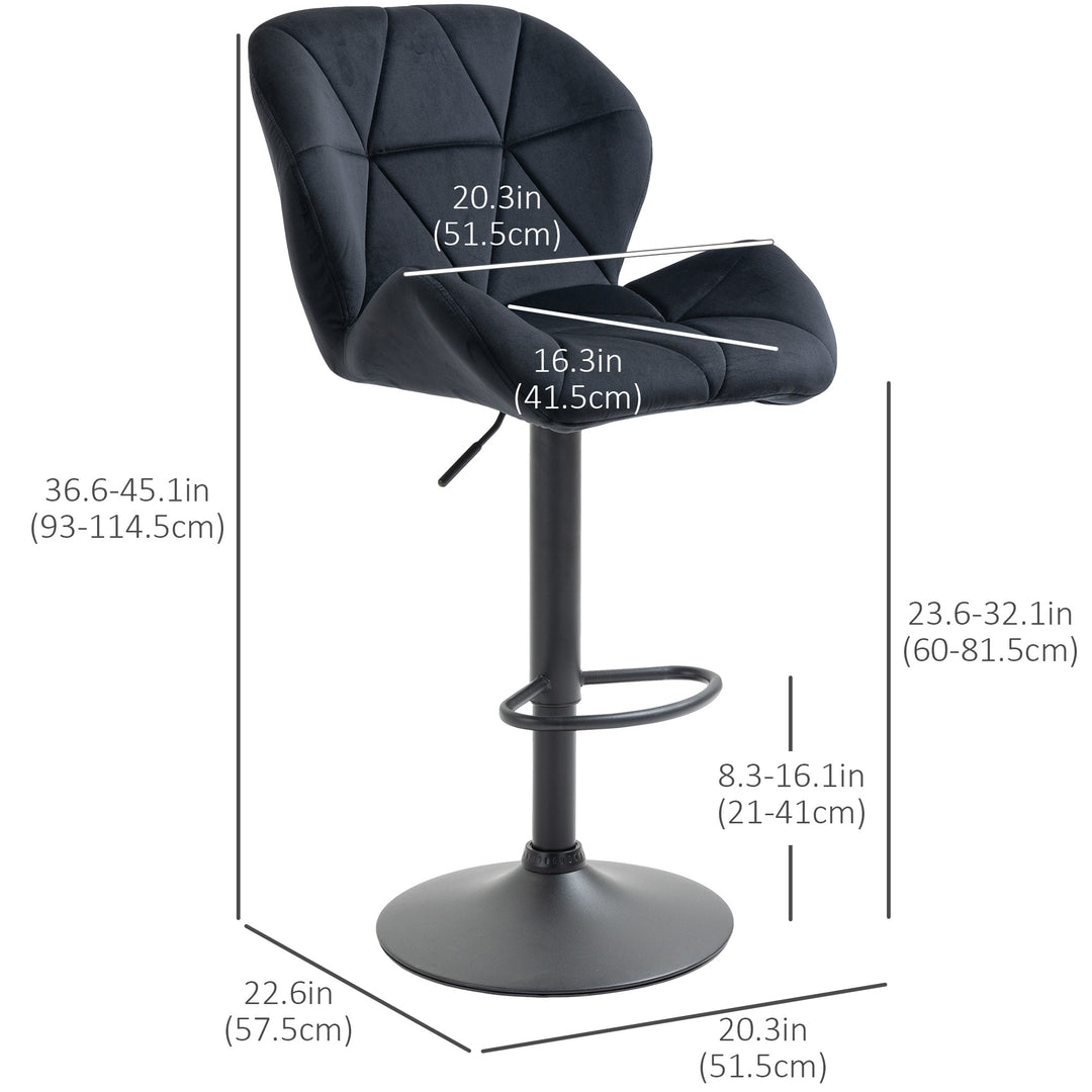 HOMCOM Bar Stool Set of 2 Fabric Adjustable Height Armless Upholstered Counter Chairs with Swivel Seat, Black