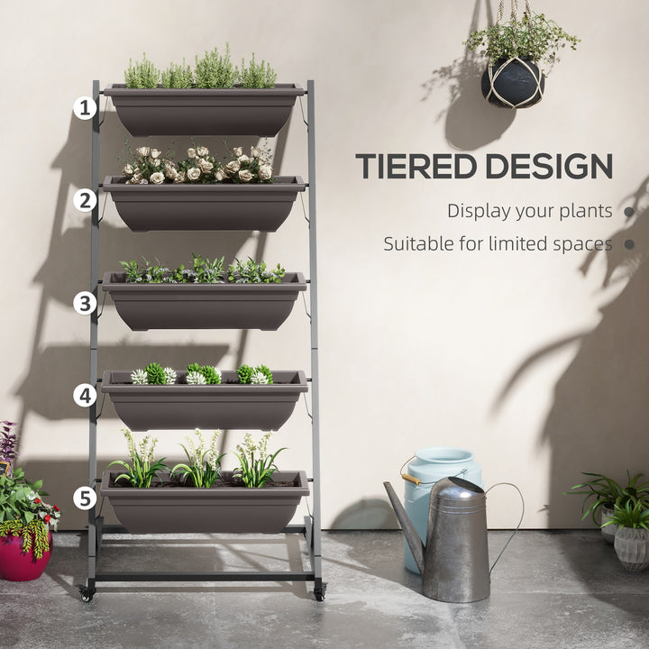 Outsunny 5-Tier Vertical Raised Garden Planter with 5 Boxes, Wheels, Outdoor Plant Stand for Vegetable Flowers, Brown
