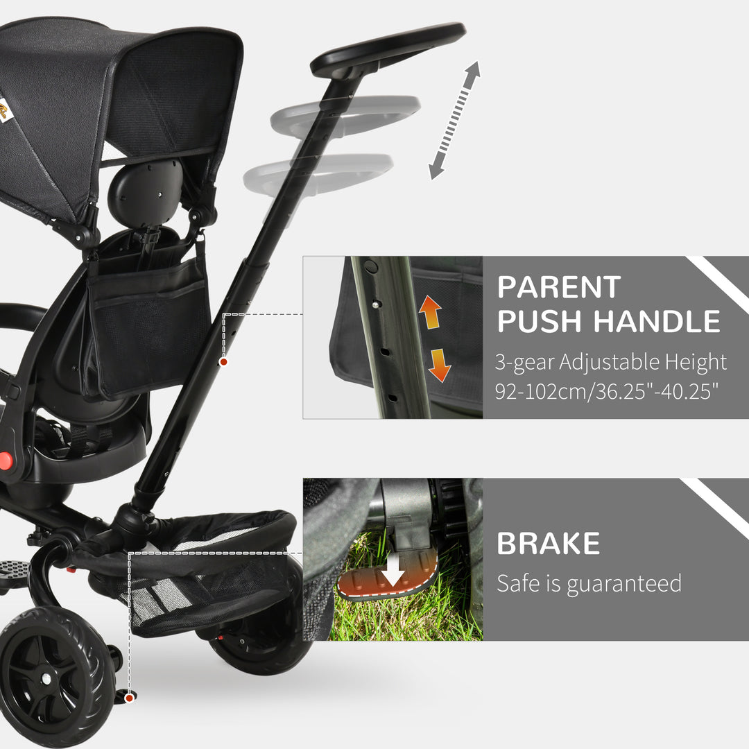 Qaba Tricycle for Toddler 4 in 1 Kids Trike with Reversible Adjustable Seat, Baby Push Bike with Removable Handle, Canopy, Belt Storage Brake Clutch for 1-5 Years, Red