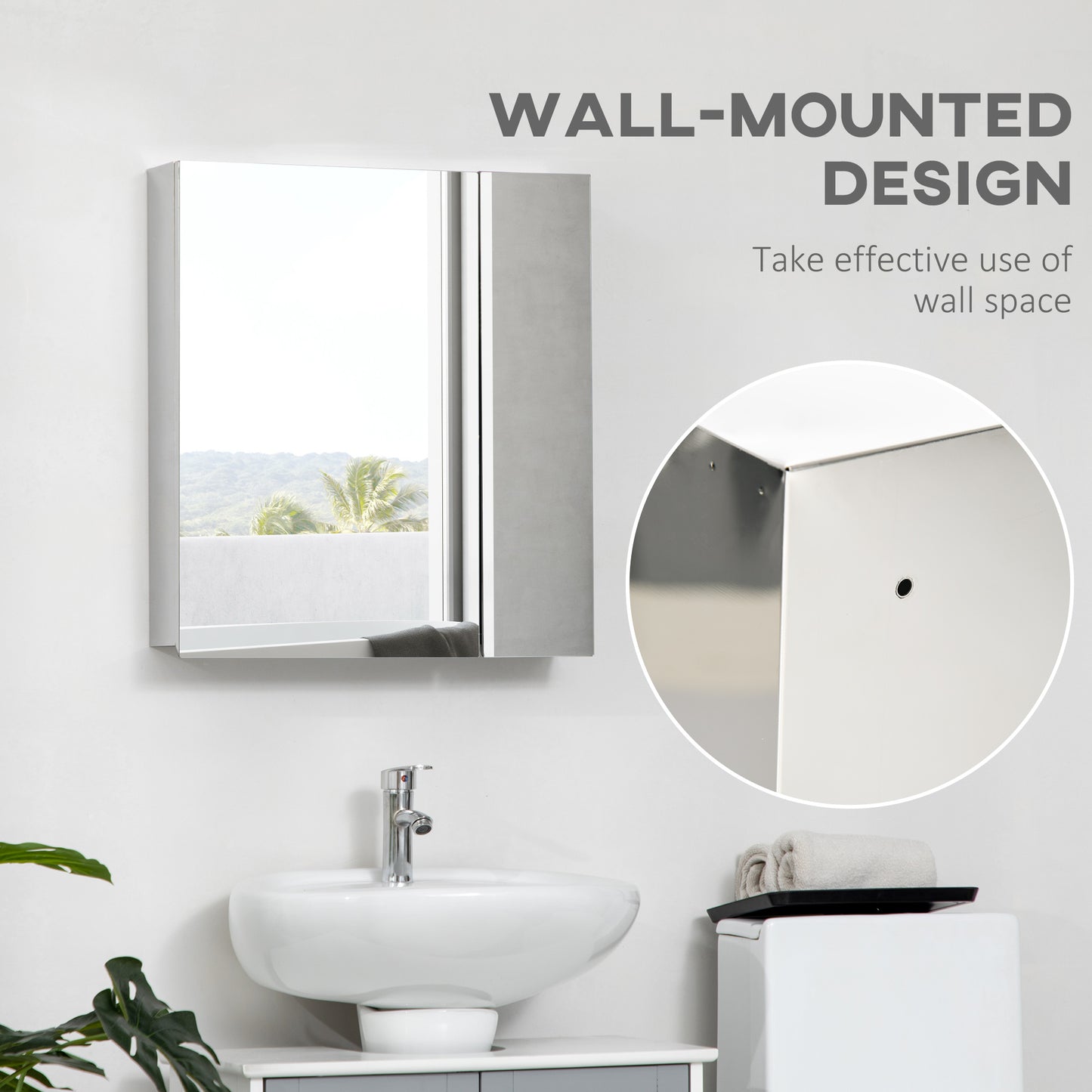 kleankin Wall Mounted Medicine Cabinet with Mirror Wall Mirror Cabinet with Hinged Doors 3-Tier Storage Shelves Silver