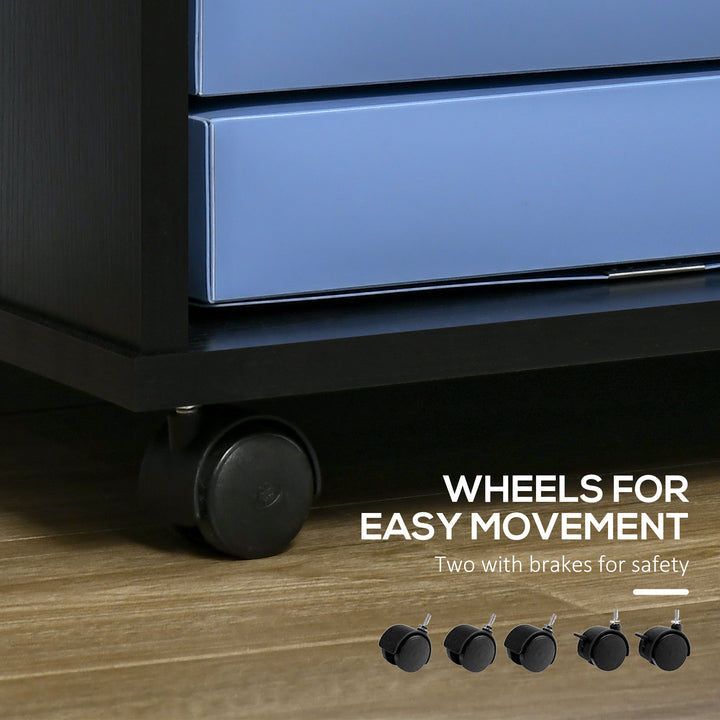 Vinsetto Lateral Filing Cabinet with Wheels, Locking File Cabinet, Mobile Printer Stand with Open Shelves and Drawers for A4 Size Documents, Black