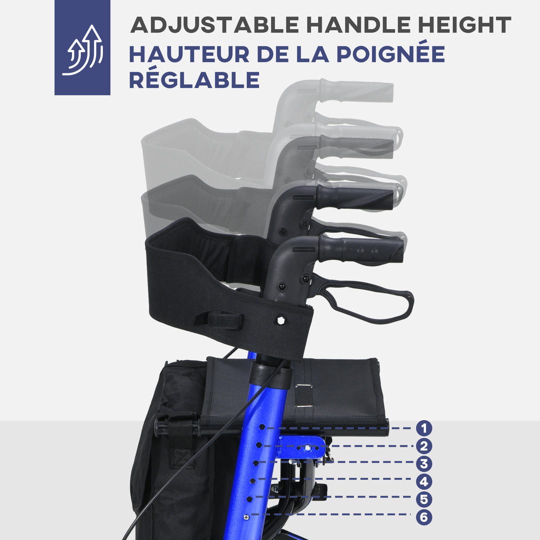 HOMCOM Rollator for Seniors with Seat, Back, Cane Holder, Aluminium Folding Rolling Walker with Adjustable Handle, Bag, Blue