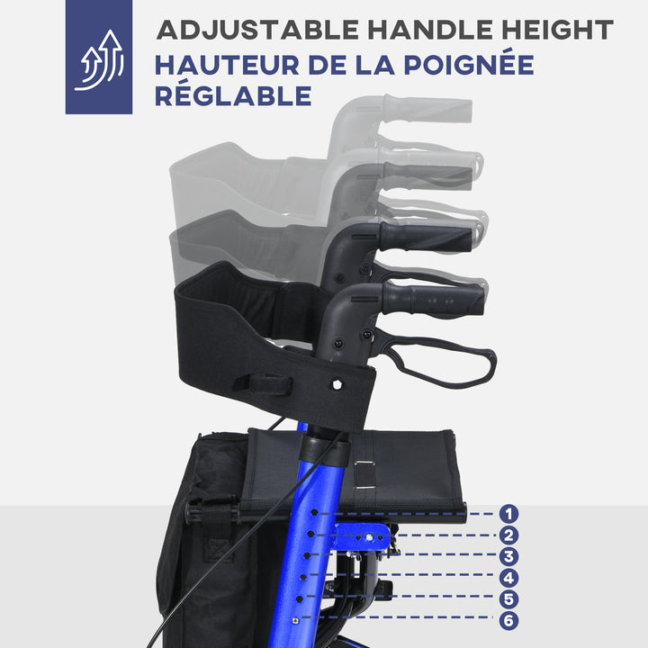 HOMCOM Rollator for Seniors with Seat, Back, Cane Holder, Aluminium Folding Rolling Walker with Adjustable Handle, Bag, Blue