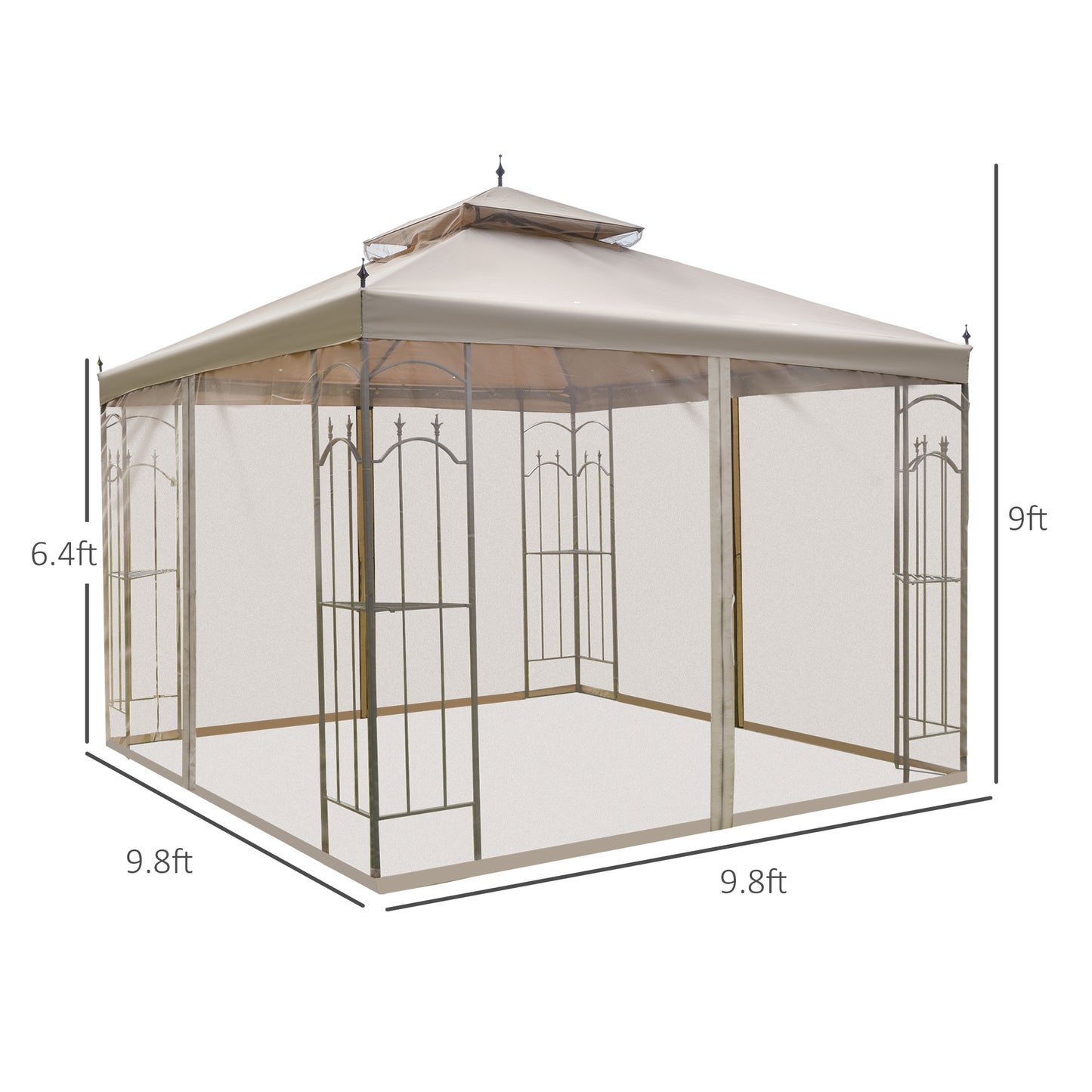 Outsunny 10' x 10' Steel Outdoor Patio Gazebo Canopy with Removable Mesh Curtains, Display Shelves, & Steel Frame, Grey