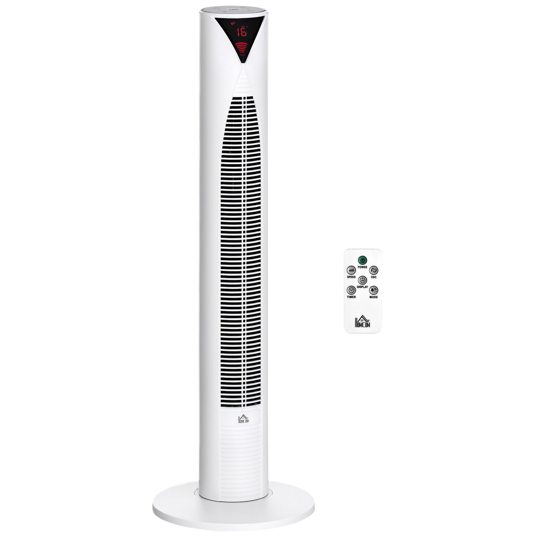 HOMCOM Freestanding Tower Fan Cooling for Home Bedroom with 3 Speed, 12h Timer, Oscillating, LED Sensor Panel, Remote Controller, White