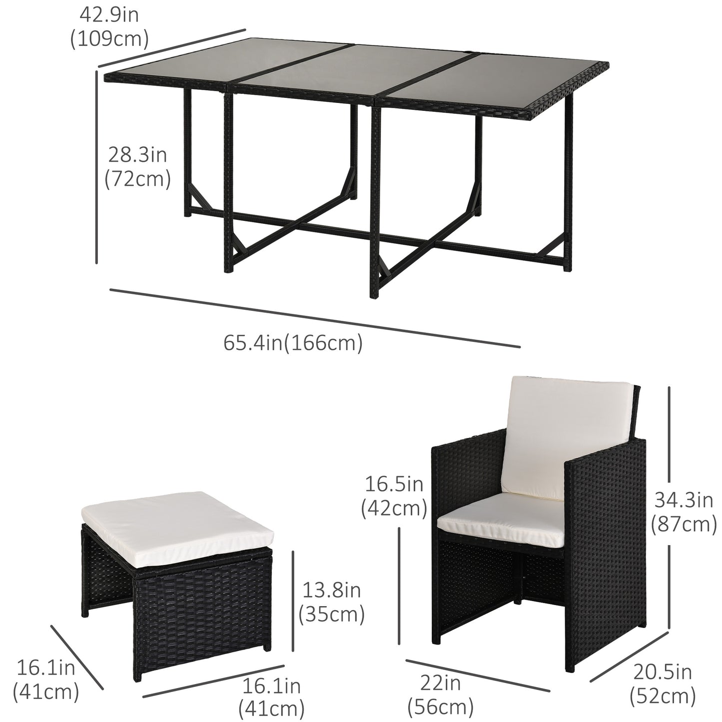 Outsunny 11 Pieces Wicker Patio Dining Set, Space-saving Outdoor Furniture Set with Removable Cushions, Glass Top Dining Table, 6 Armchairs, 4 Ottomans, PE Rattan Conversation Set